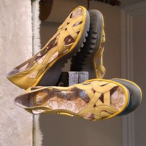 Fly London Yellow Leather Cutout Wedge Sandals